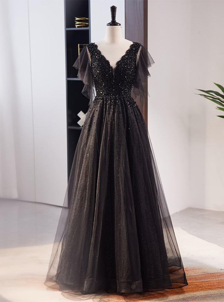 A-Line Black Tulle Sequins V-neck Beading Prom Dress