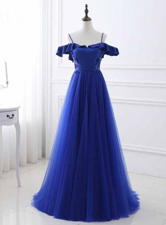 A-Line Blue Satin Tulle Spaghetti Straps Appliques Prom Dress