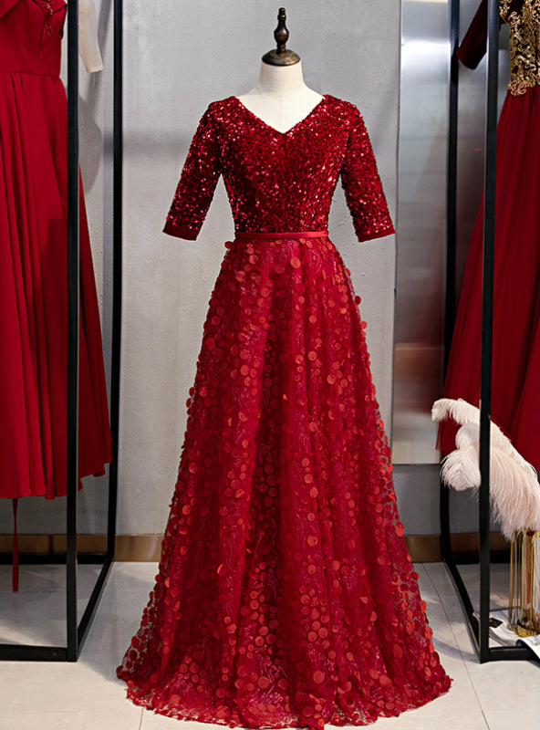 A-Line Burgundy Lace Sequins V-neck Short Sleeve Prom Dress