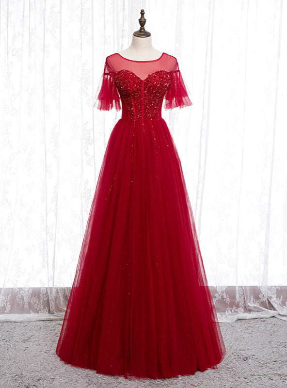 A-Line Burgundy Tulle Beading Sequins Long Prom Dress