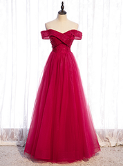 A-Line Burgundy Tulle Off the Shoulder Beading Sequins Prom Dress