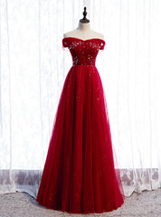 A-Line Burgundy Tulle Off the Shoulder Sequins Prom Dress