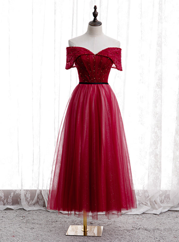 A-Line Burgundy Tulle Off the Shoulder Tea Length Prom Dress