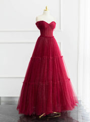 A-Line Burgundy Tulle Pleats Off the Shoulder Prom Dress