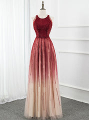 A-Line Burgundy Tulle Scoop Sleeveless Beading Sequins Prom Dress