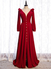 A-Line Burgundy Velvet Long Sleeve Prom Dress With Split