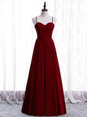 A-Line Burgundy Velvet Spagehtti Straps Pleats Prom Dress