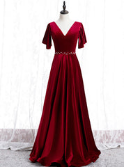 A-Line Burgundy Velvet V-neck Beading Sequins Prom Dress