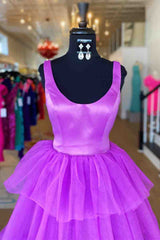 A-Line Crew Neck Lilac Tiered Tulle Long Formal Dress