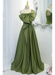 A-Line Green Satin One Shoulder Prom Dress With Bow