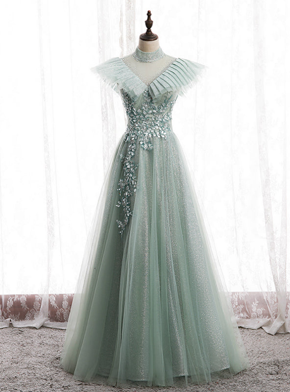 A-Line Green Tulle Sequins High Neck Backless Appliques Prom Dress