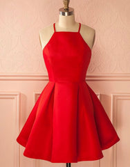 A-Line Halter Sleeveless Short Red Satin Homecoming Dress