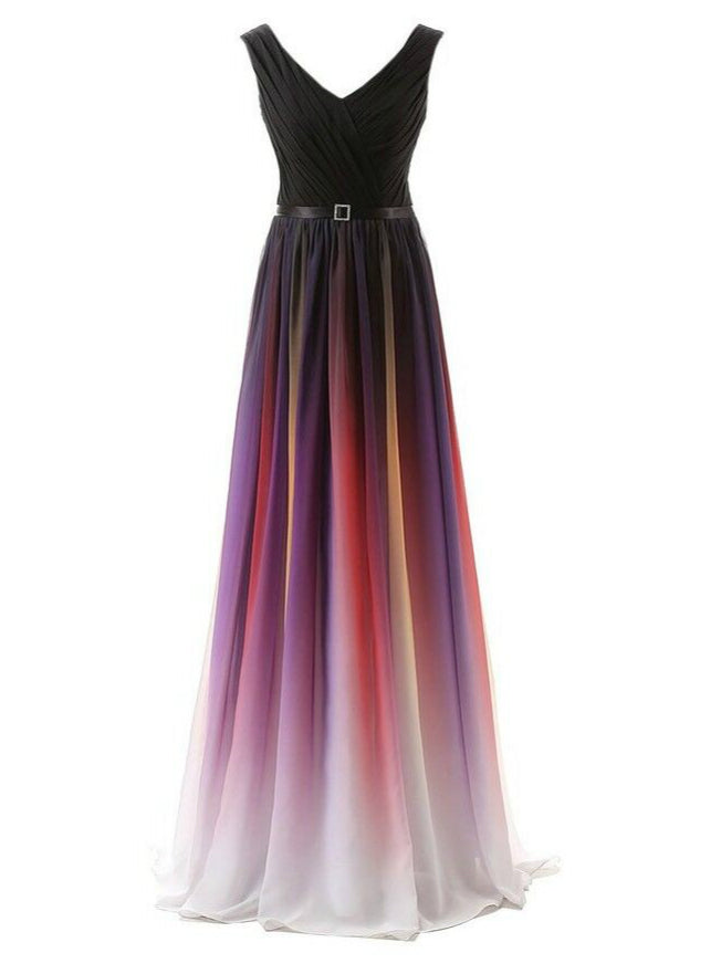 A-Line Long Floor Length Chiffon V-neck Pleats Bridesmaid Dress