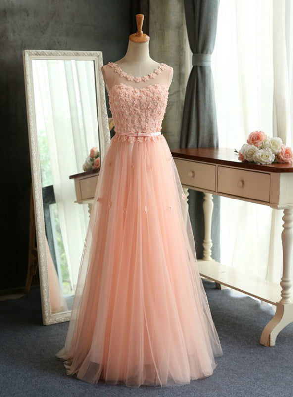 A-line Pink Appliques Tulle Bridesmaid Dress