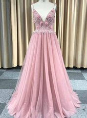 A-Line Pink Tulle Spaghetti Straps Backless Beading Prom Dress