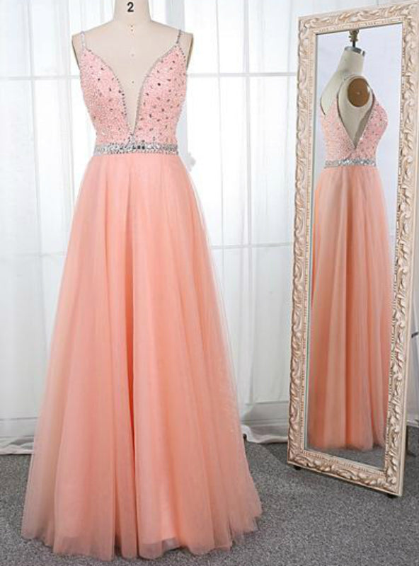 A-Line Pink Tulle Spaghetti Straps Beaded Floor Length Prom Dress