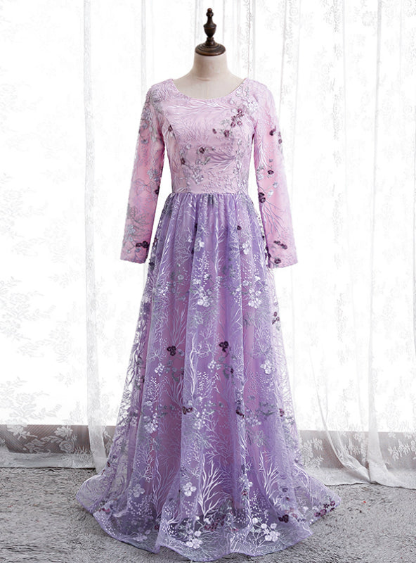 A-Line Purple Tulle Embroidery Long Sleeve Prom Dress