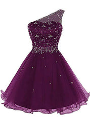 A-Line Purple Tulle One Sholuder Beading Crystal Homecoming Dress