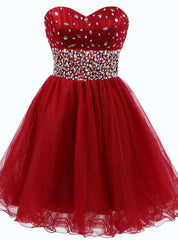 A-Line Red Tulle Sweetheart Homecoming Dress With Crystal