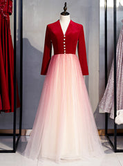 A-Line Red Velvet Tulle Long Sleeve Open Back Prom Dress