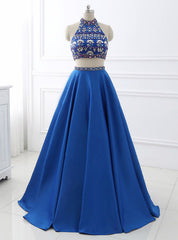 A-Line Royal Blue Satin Two Piece Halter Backless Prom Dress With Crystal