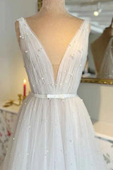 A Line Sexy V neck Pearls Elegant Wedding Dress