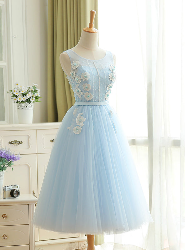 A-Line Sky Blue Tulle Backless Appliques Homecoming Dress With Pearls