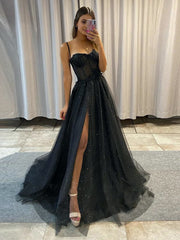 A-line Spaghetti Straps Glitter Tulle Prom Dress