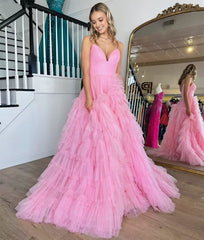 A-Line Spaghetti Straps Tiered Tulle Prom Dress