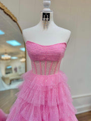 A Line Strapless Corset Glitter Tulle Prom Dress with Ruffles