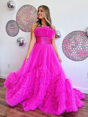 A-Line Strapless Pink Tiered Long Tulle Prom Dress