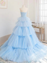 A line Strapless Tiered Tulle Prom Dress