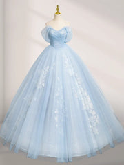 A-Line Tulle Lace Blue Long Prom Dress Off Shoulder Sky Blue Dress