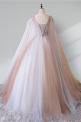 A Line Tulle Pink Embroidery Appliqued Long Prom Dresses