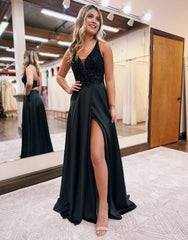 A-Line V-Neck Satin Prom Dress with Slit