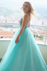 A-line V neck Tulle Lace Long Prom Dress Evening Dress