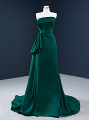 Affordable A-Line Dark Green Satin Strapless Pleats Beading Prom Dress