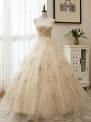 Always Remember Wearing Champagen Ball Gown Tulle Spaghetti Straps Embroidery Quinceanera Dress