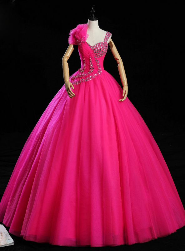 At Incredible Price Fuchsia Ball Gown Tulle Pleats Crystal Quinceanera Dress