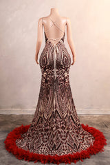 Backless Sequins Mermaid Prom Dresses Burgundy Party Evening Dresses with Feather Chapel Train