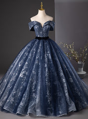 Ball Gown Navy Blue Sequins Off the Shoulder Quinceanera Dress