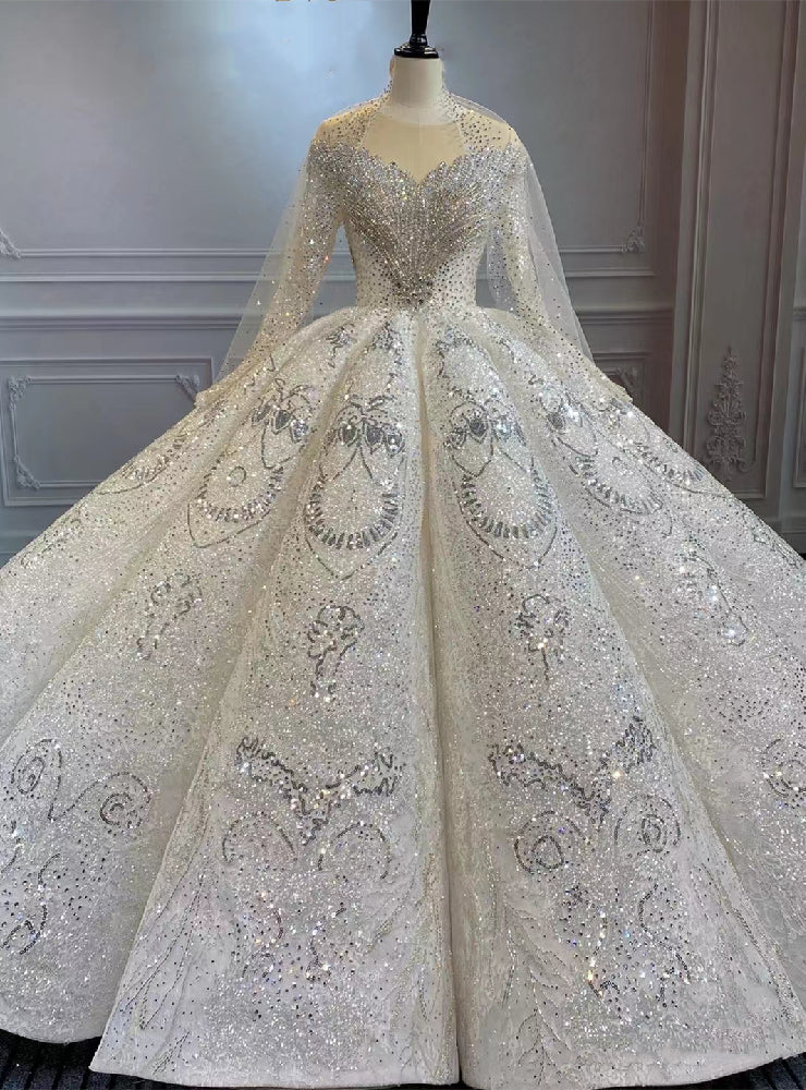 Ball Gown Sequins Long Sleeve Beading Crystal Wedding Dress