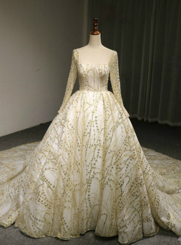 Ball Gown Tulle Gold Sequins Lace Long Sleeve Backless Wedding Dress With Long Train