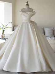 Ball Gown White Satin Off the Shoulder Pleats Wedding Dress