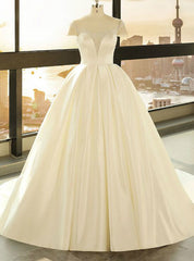 Ball Gown White Satin See Through Cap Sleeve Wedding Dress