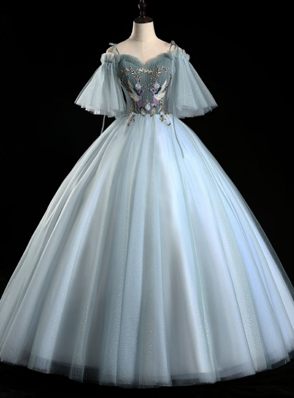 Best For You Light Blue Ball Gown Tulle Spagehtti Straps Short Sleeve Quinceanera Dress