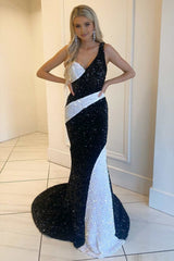 Black and White Sequin One-Shoulder Mermaid Long Prom Gowm