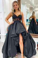 Black Appliques Hi-Low Straps Long Prom Dress