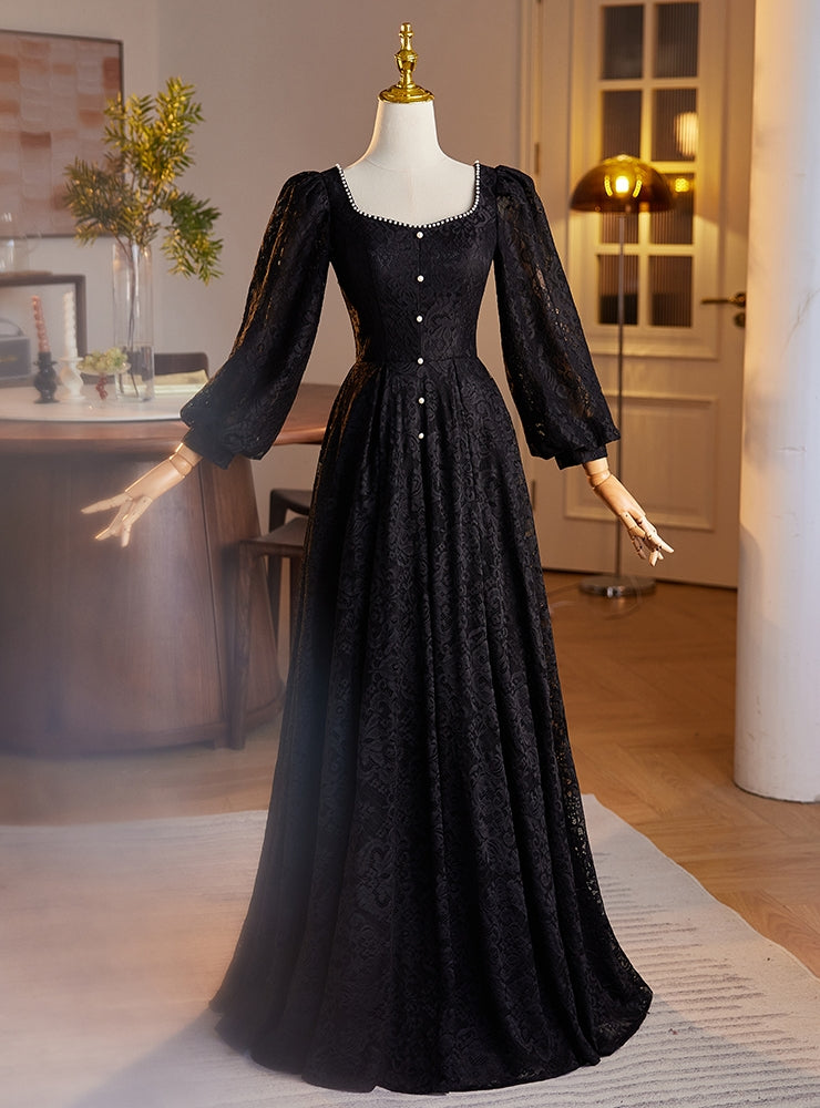 Black Lace Long Sleeve Square Neck Pearls Prom Dress