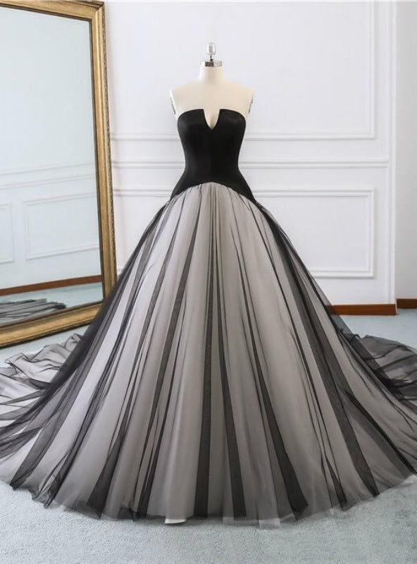 Black Satin Tulle Strapless Sleeveless Wedding Dress With Train